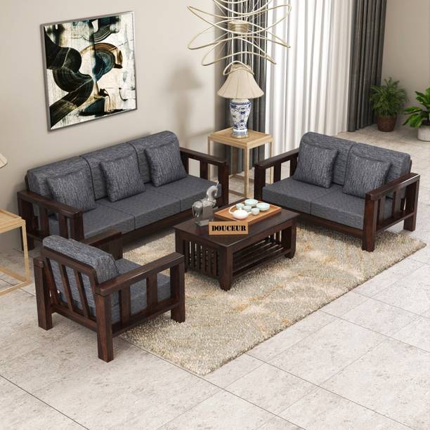 Douceur Furnitures Solid Sheesham Wood Six Seater Sofa Set For Living Room, Hotel Fabric 3 + 2 + 1 Sofa Set