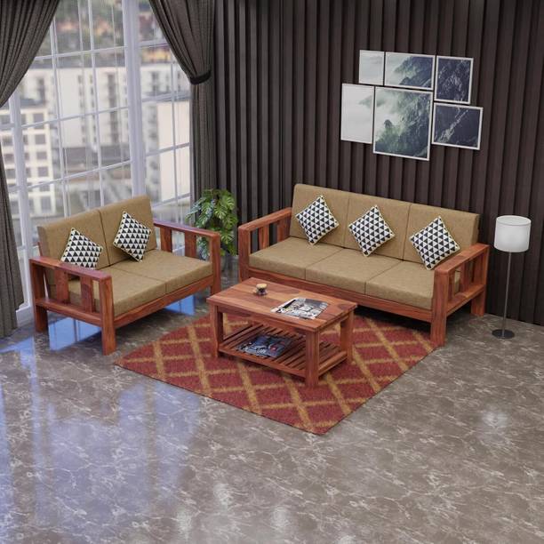 Krishna Wood Decor Solid Sheesham Wood Five Seater Sofa Set For Living Room/ Office || Fabric 3 + 2 Sofa Set