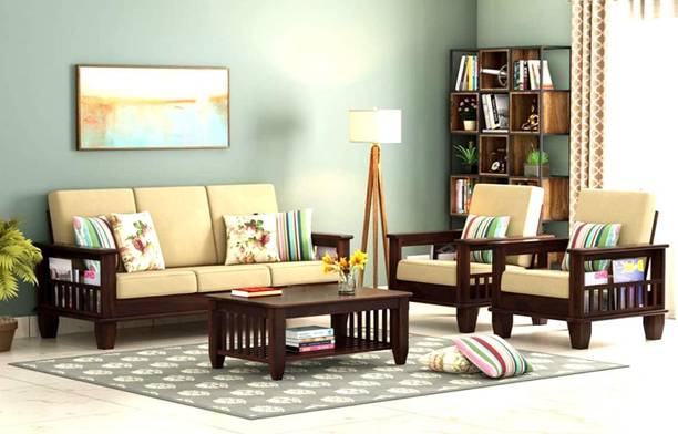 mp enterprises Sheesham Wood 5seater sofa set with cushion for livingroom/Home/Hotel Fabric 3 + 1 + 1 Sofa Set