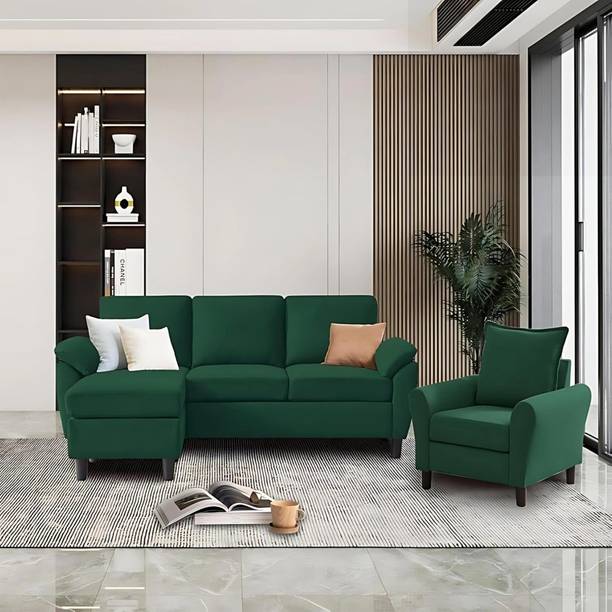 Groovecraft Carol Wooden 4 Seater L-Shaped Sectional Sofa with Ottoman for Living Room Fabric 3 + 1 Sofa Set