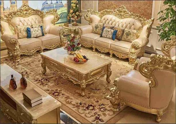 royal wood MAHARAJA LUXURY PREMIUM TEAKWOOD 6 seater Sofa set for Living Room Premium Silk Fabric 3 + 2 + 1 Sofa Set