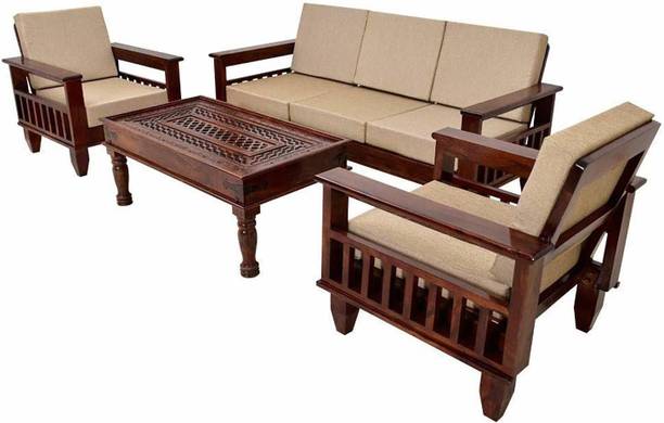 Shisso Wood Solid Sheesham Wood 5 Seater Sofa Set For Living Room / Office| Fabric 3+1+1 Fabric 3 + 1 + 1 Sofa Set