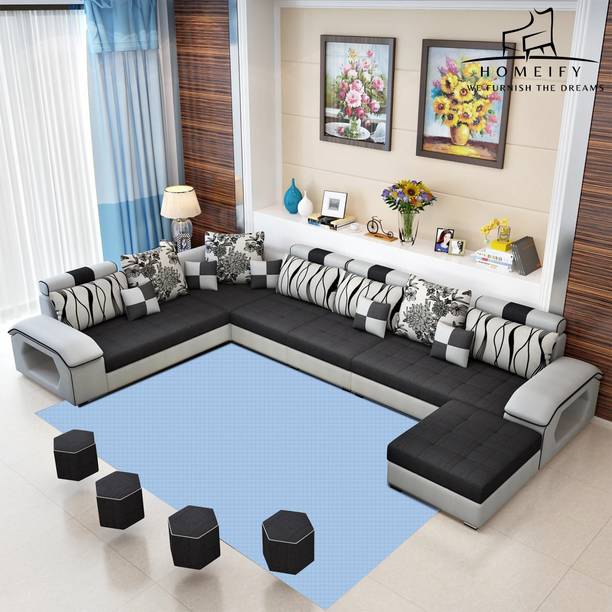 Homeify Carlo 9 Seater L-Shaped Sectional Sofa with Ottoman for Living Room Fabric 3 + 2 + 2 + 1 Sofa Set