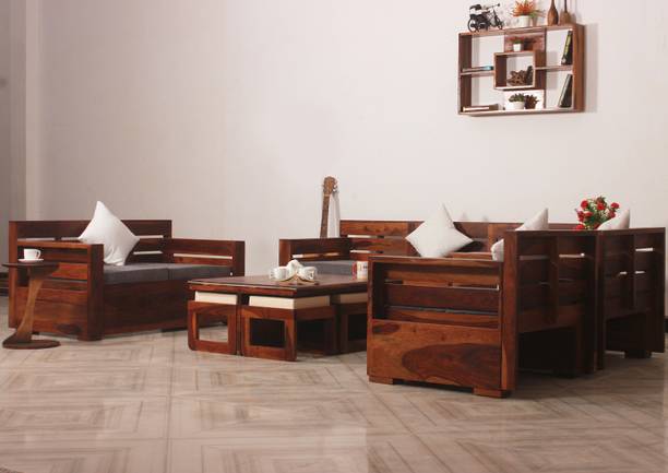 Sheesham Craft MirageMingle Handcrafted Sheesham Wood Sofa- Space-Efficient,Easy Assembly Fabric 3 + 3 + 2 + 2 Sofa Set