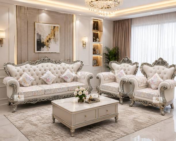 AS Wooden Handicraft Royal Sofa Set | with Maharaja Carving | Victorian Style Furnitures Fabric 3 + 1 + 1 Sofa Set