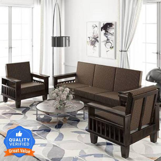 Cherry Wood Sheesham Wood Sofa Set for Living Room Fabric 3 + 1 + 1 Sofa Set