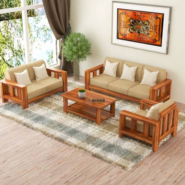 HDWOOD Solid Sheesham Wood For Living Room/ Office/ Guest Room | Fabric 3 + 2 + 1 Sofa Set