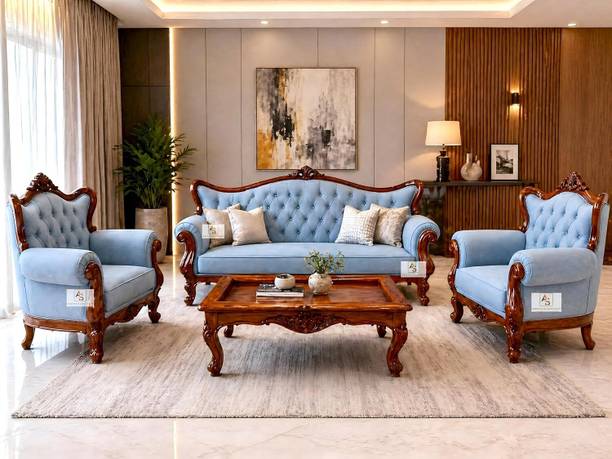 AS Wooden Handicraft Royal Carved Blue Upholstery with | Victorian Style New Oriental Sofa Set Solid Wood 3 + 1 + 1 Sofa Set