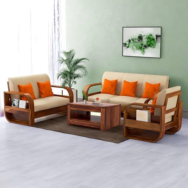 SIYA ART Sheesham Wood 6 Seater Cushioned Sofa Set with Side Book Storage Fabric 3 + 2 + 1 Sofa Set