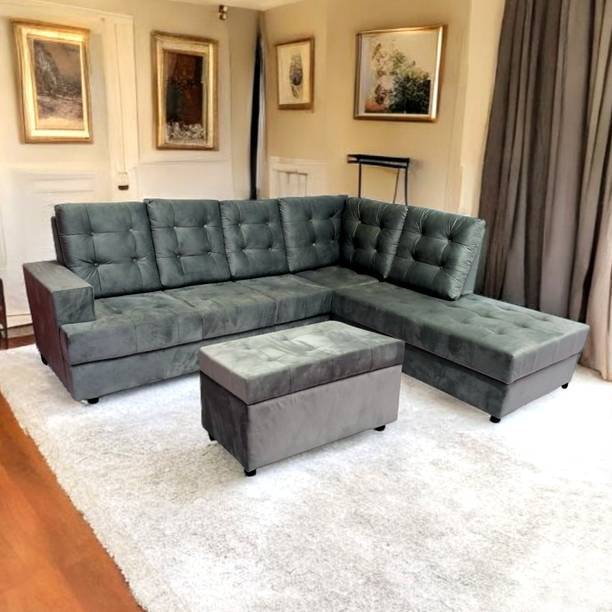 Starlet Farnitre Velvet L-Shape 7 Seaters Sofa Set for Living Room Fabric 3 + 2 + 1 + 1 Sofa Set