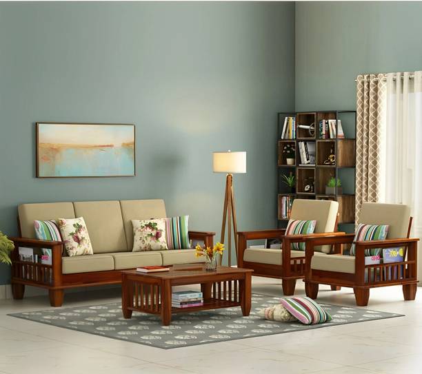 Taskwood Furniture Solid Sheesham Wood For Living Room/ Office/ Guest Room | Fabric 3 + 1 + 1 Sofa Set