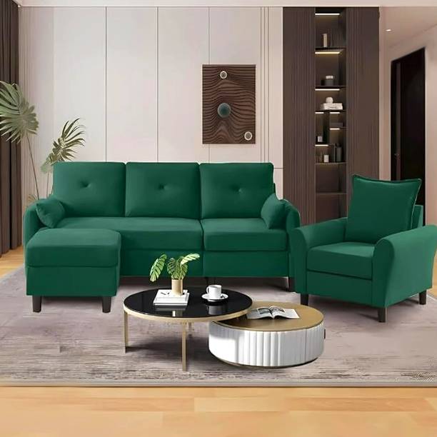Groovecraft Wooden 5 Seater L-Shaped Sectional Sofa with Ottoman for Living Room Fabric 3 + 1 + 1 Sofa Set