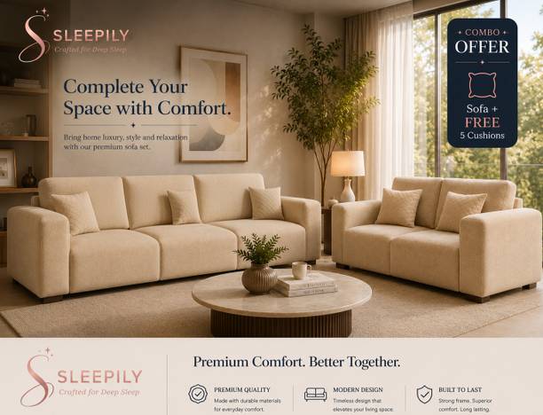 Sleepily Bloq Premium Modern Fabric sofa set with cushioned seating for Living room. Fabric 3 + 2 Sofa Set