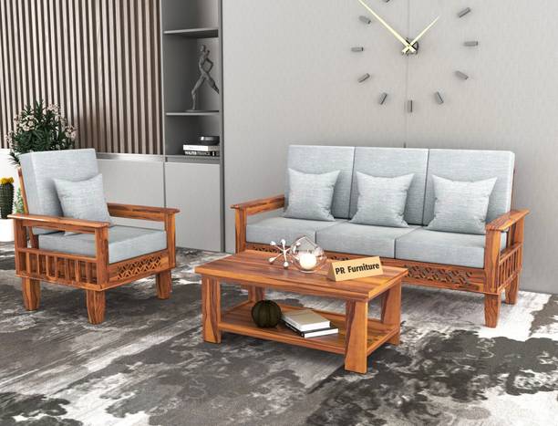 PR FURNITURE Solid Wood Four Seater Sofa Set With CNC Flower Style For Living Room, Café. Fabric 3 + 1 Sofa Set
