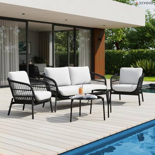 DEVOKO Outdoor 4 Seater Rope Sofa Conversation Set with Cushions & 2 Glass Round Table Fabric 2 + 1 + 1 Sofa Set
