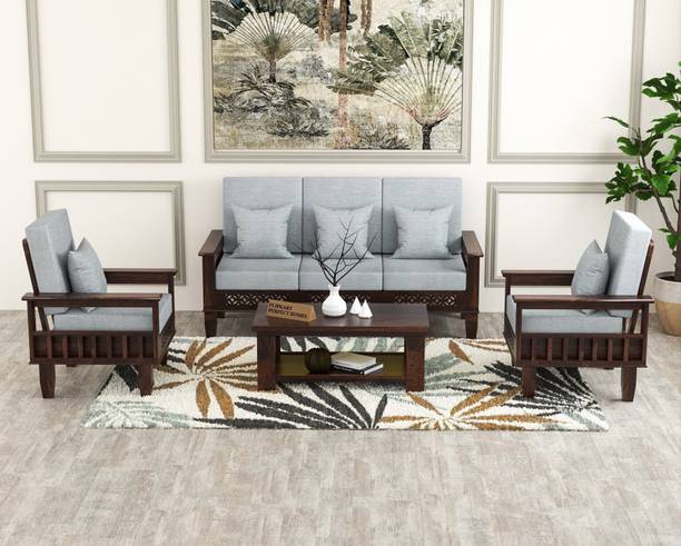 Flipkart Perfect Homes CNC Cutting Designed Solid Wood Five Seater Sofa Set With Side Pocket Storage || Fabric 3 + 1 + 1 Sofa Set