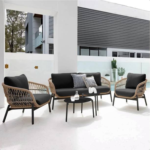 BRISHI Braid & Rope 4 Seater Outdoor/Balcony Sofa Set with Cushion and Center Table Fabric 2 + 1 + 1 Sofa Set