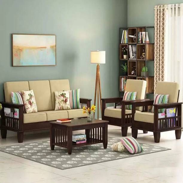 Taskwood Furniture Solid Sheesham Wood With Center Table For Living Room Fabric 3 + 1 + 1 Sofa Set