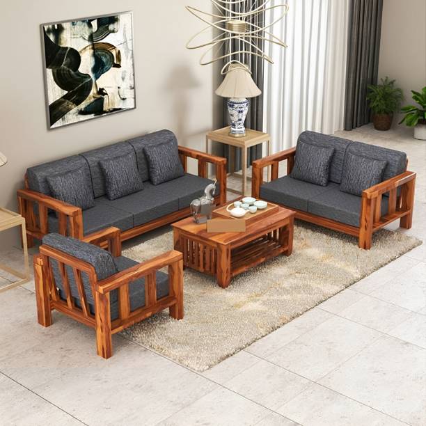 DECORWOOD Solid Sheesham Wood Six Seater Sofa Set For Living Room, Hotel Office. Fabric 3 + 2 + 1 Sofa Set