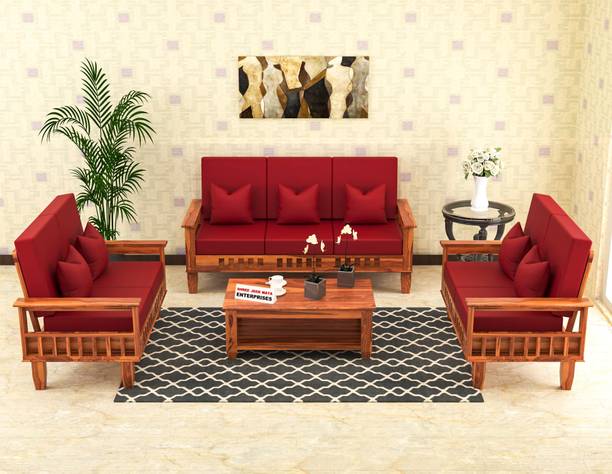 JeenWood KUBER Design Sheesham Wood Seven Seater Sofa Set With 'DERBY' Fabric Cushion | Fabric 3 + 2 + 2 Sofa Set