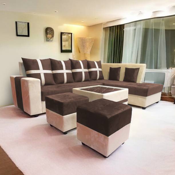 Starlet Farnitre Velvet L-Shape 8 Seaters Sofa Set for Living Room Fabric 3 + 2 + 2 + 1 Sofa Set