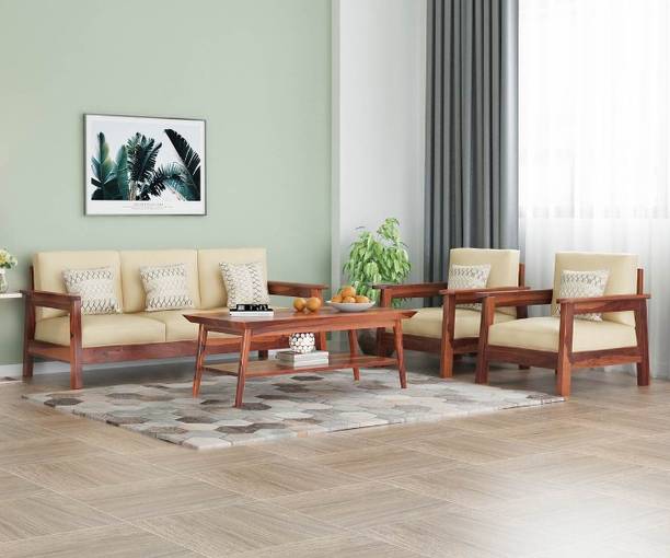 House Of Kuber Solid Sheesham Wood Modern 5 Seater Sofa Set For Living Room, Office, Café. Fabric 3 + 1 + 1 Sofa Set