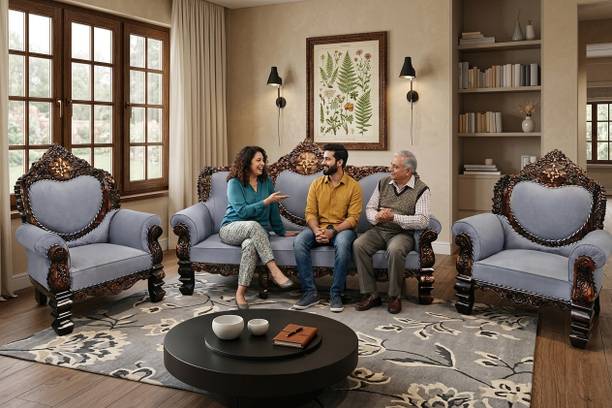 ALFAENTERPRISES Royal Heritage Hand-Carved Wooden Sofa Set with Grey Fabric Upholstery and Fabric 3 + 1 + 1 Sofa Set