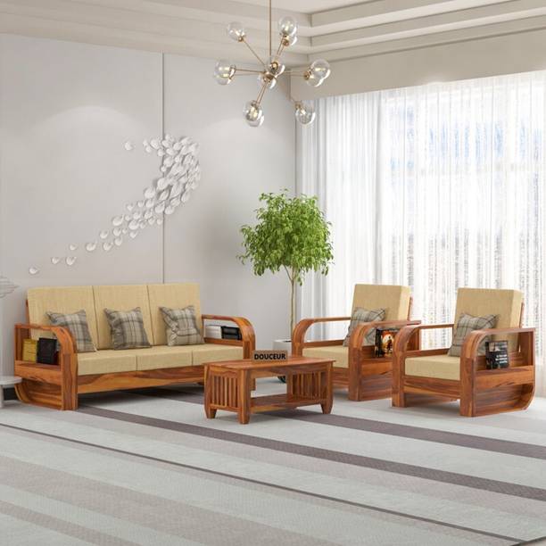Douceur Furnitures Solid Sheesham Wood Five Seater Sofa Set With Coffee Table For Living Room, Café Fabric 3 + 1 + 1 Sofa Set