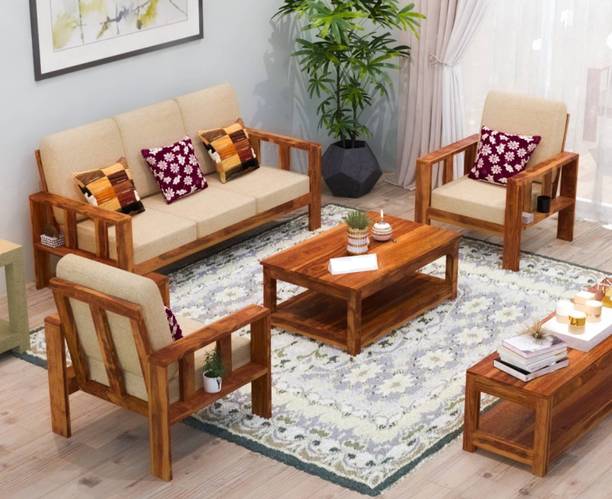 DECORWOOD Solid Sheesham Wood Five Seater Sofa Set For Living Room, Hotel Office. Fabric 3 + 1 + 1 Sofa Set