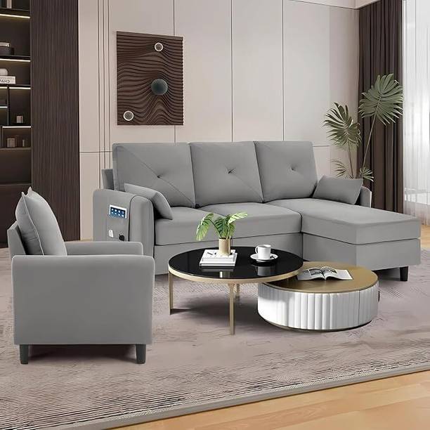 Groovecraft Wooden 5 Seater L-Shaped Sectional Sofa with Ottoman for Living Room Fabric 3 + 1 + 1 Sofa Set