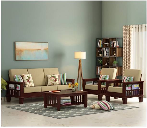 TAKELWOOD KUBER Sheesham Wood Five Seater Sofa Set With Pocket Storage For Living Room || Fabric 3 + 1 + 1 Sofa Set