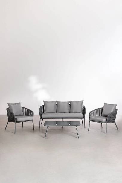 BRISHI Braid & Rope 5 Seater Outdoor/Balcony Sofa Set with Cushion and Center Table Fabric 3 + 1 + 1 Sofa Set