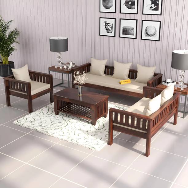 saamenia furnitures Solid Sheesham Wood 6 Seater Sofa Set { 40 Density Foam And Without Pillow } Fabric 3 + 2 + 1 Sofa Set