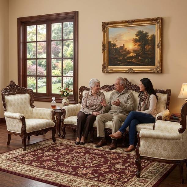 ALFAENTERPRISES Alfa Royal Heritage Carved Wooden Sofa Set with Floral Fabric Upholstery Fabric 3 + 1 + 1 Sofa Set