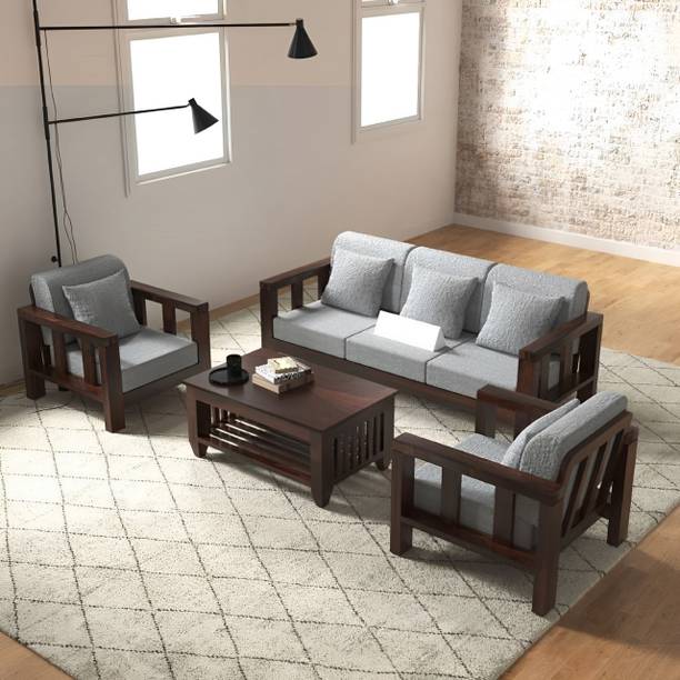 DECORWOOD Solid Sheesham Wood Five Seater Sofa Set For Living Room, Hotel Office. Fabric 3 + 1 + 1 Sofa Set