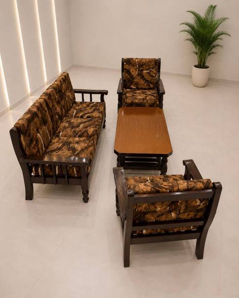 Bharat Furniture Solid Sangwan Teak Wood 5 Seater Sofa Set with HDF Center Table Fabric 3 + 1 + 1 Sofa Set