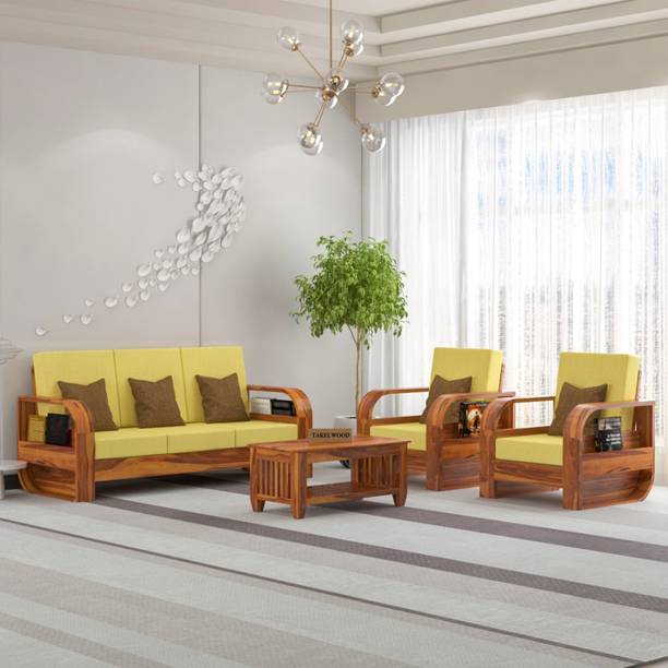 TAKELWOOD LEAFY Sheesham Wood Five Seater Round Arms Sofa Set With Side Pocket Storage || Fabric 3 + 1 + 1 Sofa Set