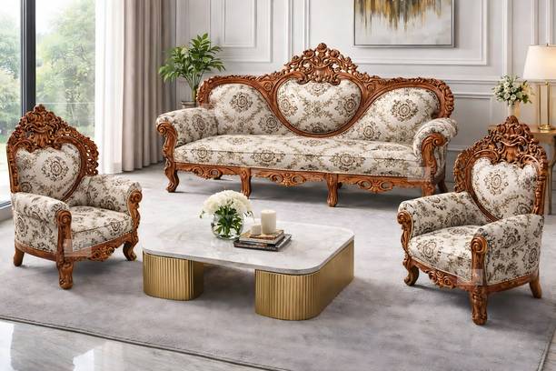 AS Wooden Handicraft Royal Carved Maharaja Carving | Victorian Style Furniture Luxurious 3-Piece Solid Wood 3 + 1 + 1 Sofa Set