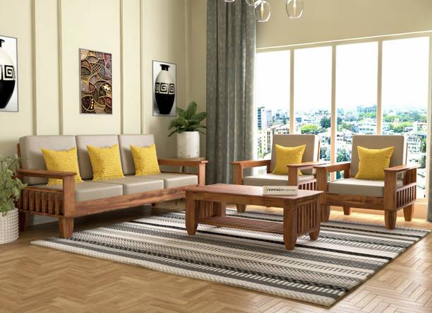 saamenia furnitures Solid Sheesham Wood Five Seater Sofa Set With Center Table For Living Room Fabric 3 + 1 + 1 Sofa Set