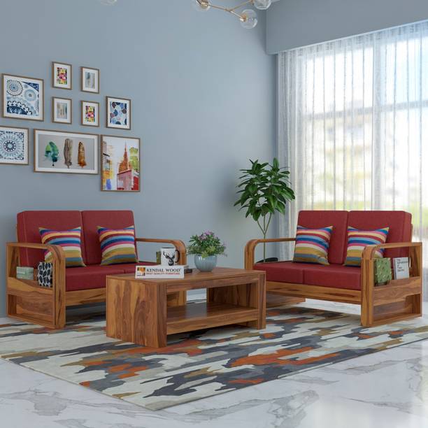 Kendalwood Furniture Solid Wood 4 Seater Wooden Sofa set for living Room Furniture with Center Table Fabric 2 + 2 Sofa Set