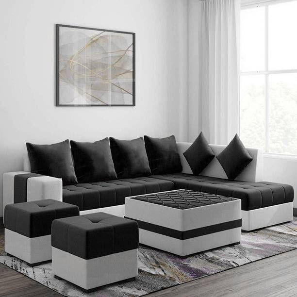 Torque Steffan L Shape 8 Seater Sofa Set with Centre Table and 2 Puffy(Beige & Black) Fabric 3 + 2 + 1 + 1 Sofa Set