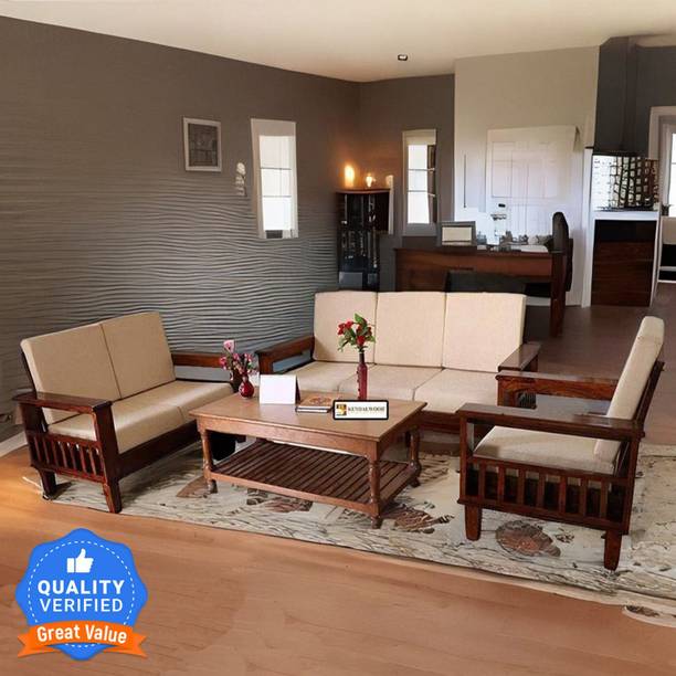 Kendalwood Furniture Solid Wood 6 Seater Wooden Sofa set for living Room Furniture Fabric 3 + 2 + 1 Sofa Set