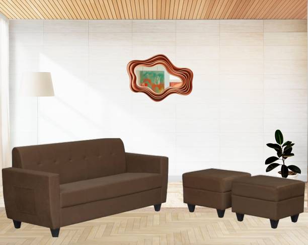 LIVEWELL Premium Quality with Two Ottoman Velvet Fabric 3 + 1 + 1 Sofa Set