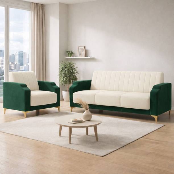 BambooBay Stark 3+1 Sofa Set - Light Beige / Bottle Green Fabric 3 + 1 Sofa Set