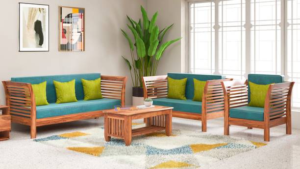 Custom Decor Solid Sheesham Wood Fabric 3 + 2 + 1 Sofa Set
