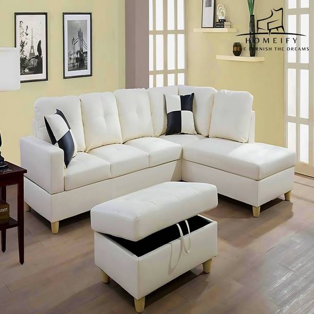 Homeify Linus 6 Seater Leather Sectional Sofa with Ottoman for Living Room Leatherette 3 + 2 + 1 Sofa Set