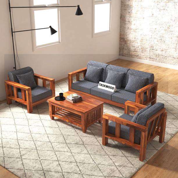Taskwood Furniture Solid Sheesham Wood Wooden Five Seater Sofa Set For Living Room, Café Fabric 3 + 1 + 1 Sofa Set