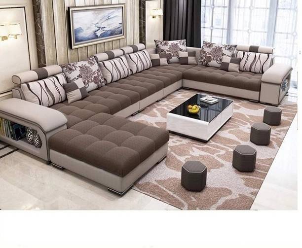 Torque Silvester U Shape 9 Seater Fabric Sofa Set with 4 Puffy (Brown) Fabric 3 + 2 + 2 + 1 Sofa Set