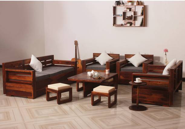 Sheesham Craft MirageMingle Handcrafted Sheesham Wood Sofa- Space-Efficient,Easy Assembly Fabric 3 + 2 + 1 Sofa Set