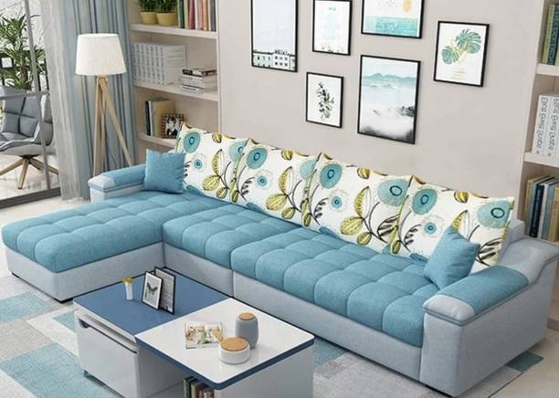 HOORAIN Hoorainfurnitures L shape sofa set Light blue light grey Solid Wood 3 + 1 + 1 Sofa Set